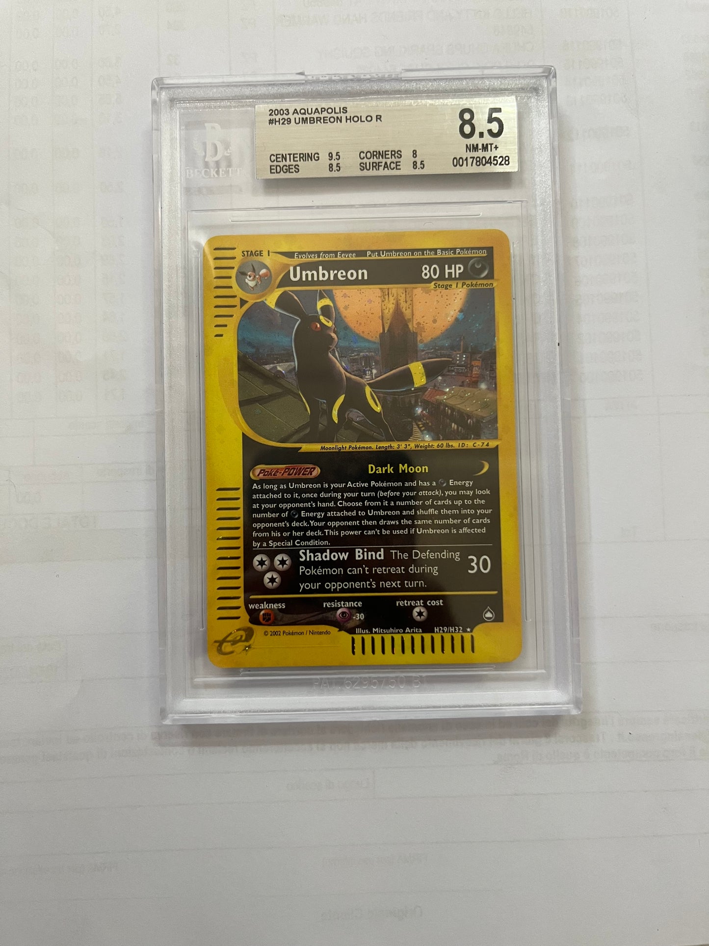 UMBREON HOLO AQUAPOLIS 2003- BGS 8,5 Mint - CARTA GRADATA ENG