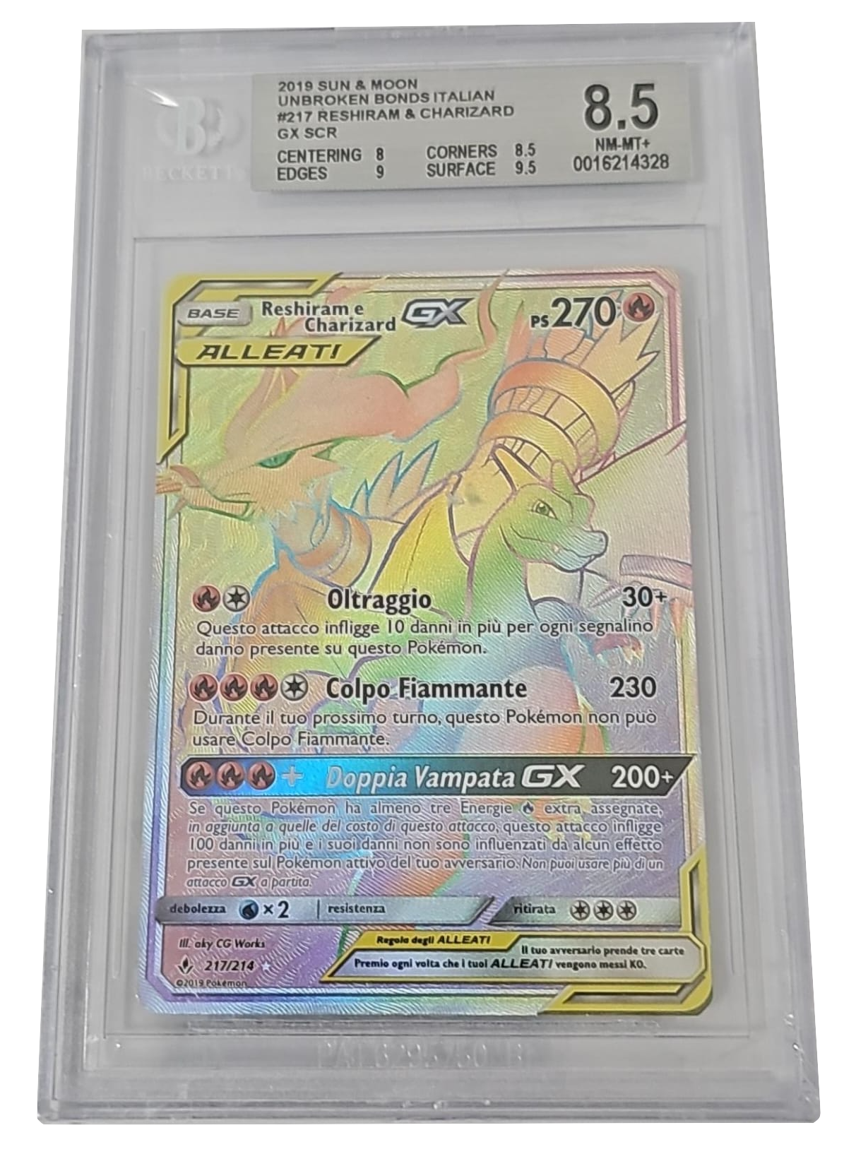 Reshiram & Charizard GX 217/214 - Sole & Luna Legami Inossidabili - 2019 - BGS 8.5 Near Mint - CARTA GRADATA ITA