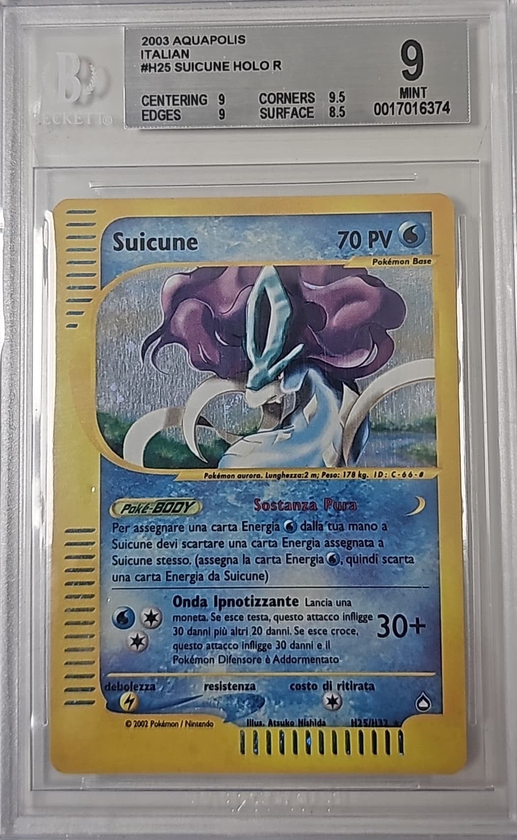 Suicune Holo H25 - Aquapolis - 2003 - BGS 9 Mint - CARTA POKEMON GRADATA ITA